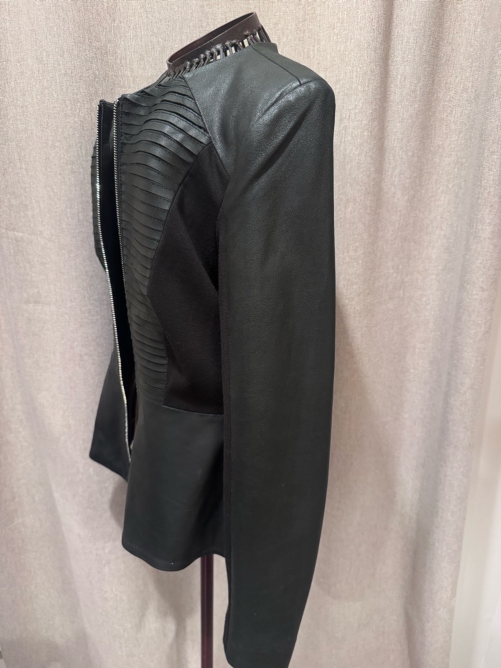 Bagatelle - Black Leather - Moto Jacket - Peplum - Zip - Mixed Media- M - Picture 8 of 16